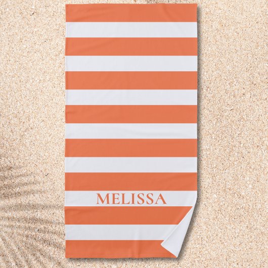 Serviette De Plage Coral And White Striped Name Cabana Stripe