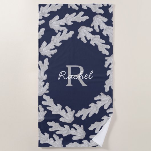 Serviette De Plage Coraux blancs côtiers et nom en script (Devant)