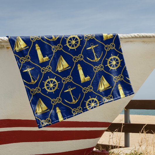 Serviette De Plage Corde nautique Marine Blue and Gold Rope