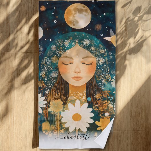 Serviette De Plage Cosmic Girl Boho Moon & Daisy Illustration Custom