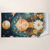 Serviette De Plage Cosmic Girl Boho Moon & Daisy Illustration Custom (Devant)