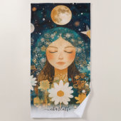 Serviette De Plage Cosmic Girl Boho Moon & Daisy Illustration Custom (Devant)