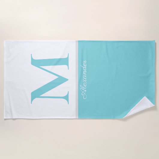 Serviette De Plage Côtière Moderne Bleu Turquoise Blanc Monogramme (Devant)