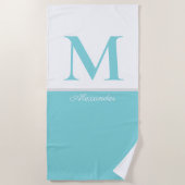 Serviette De Plage Côtière Moderne Bleu Turquoise Blanc Monogramme (Devant)