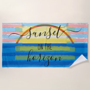 Serviette De Plage Coucher de soleil bleu rose jaune Aquarelle rayure