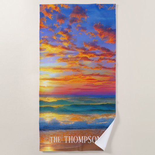 Serviette De Plage Coucher de soleil clair tropical avec nom personna (Devant)