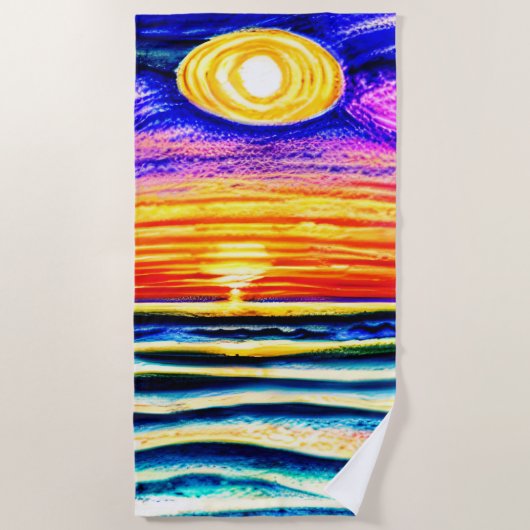 Serviette De Plage Coucher de soleil de plage avec vagues et soleil,  (Devant)