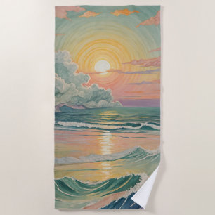 Serviette De Plage Coucher de soleil serein sur les vagues