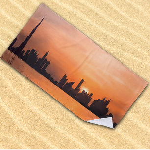 Serviette De Plage Coucher de soleil sur une ville côtière - aquarell