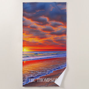Serviette De Plage Coucher de soleil tropical avec nom personnalisé
