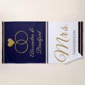 Serviette De Plage Couple côtier nautique Mme Mariage marine bleu or (Devant)