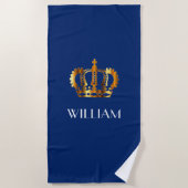 Serviette De Plage Couronne Royale Or Stylée Nom Bleu (Devant)