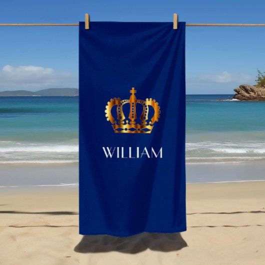 Serviette De Plage Couronne Royale Or Stylée Nom Bleu