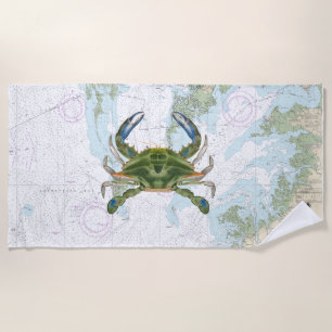 Serviette De Plage Crabe bleu avec carte marine de la baie Chesapeake