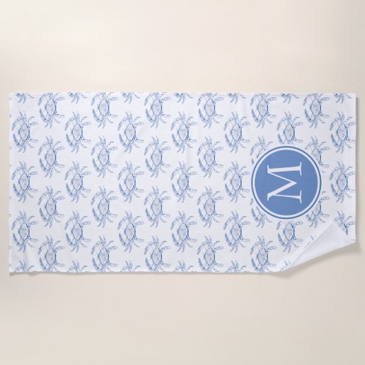 Serviette De Plage Crabes bleus côtiers sur Monogramme blanc (Devant)