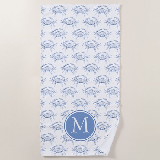 Serviette De Plage Crabes bleus côtiers sur Monogramme blanc (Devant)