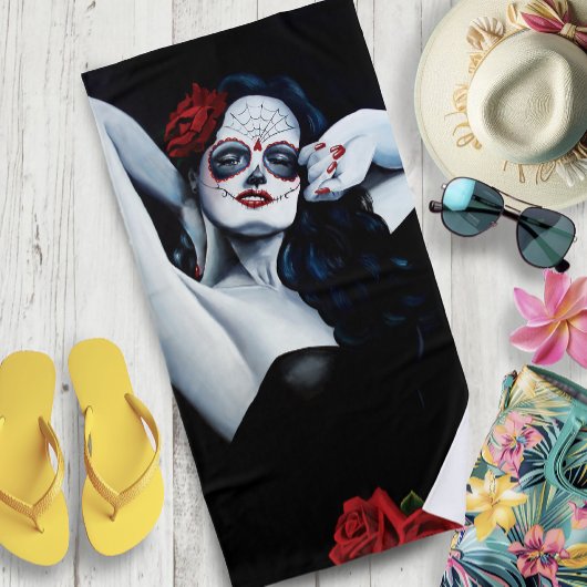 Serviette De Plage Crâne sucre Roses rouges Noir