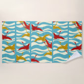 SERVIETTE DE PLAGE CRANES ROUGES JAUNES VOLANTES SUR VAGUES BLANCHES  (Devant)