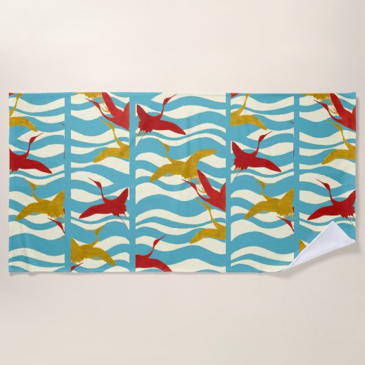 SERVIETTE DE PLAGE CRANES ROUGES JAUNES VOLANTES SUR VAGUES BLANCHES  (Devant)