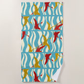 SERVIETTE DE PLAGE CRANES ROUGES JAUNES VOLANTES SUR VAGUES BLANCHES  (Devant)