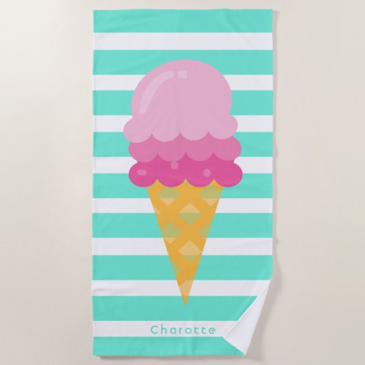 Serviette De Plage crème glacée rose blanc rayures turquoise monogram (Devant)