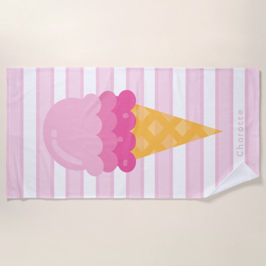 Serviette De Plage crème glacée rose rayures blanches monogramme (Devant)