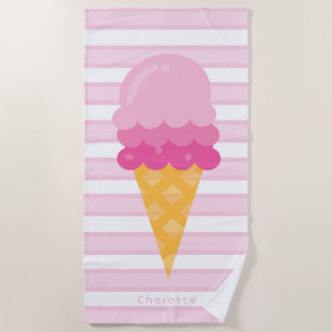 Serviette De Plage crème glacée rose rayures blanches monogramme