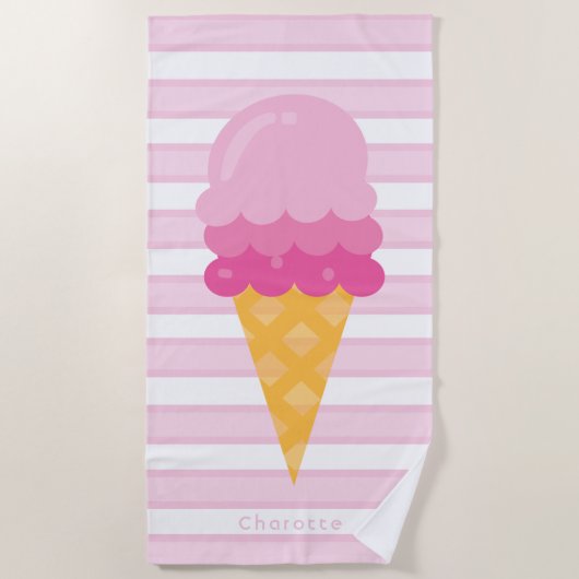 Serviette De Plage crème glacée rose rayures blanches monogramme (Devant)