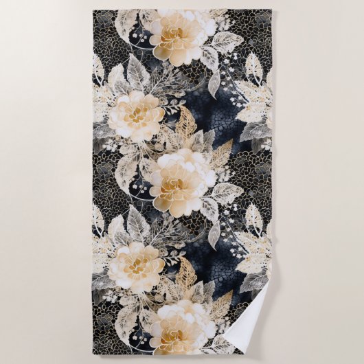 Serviette De Plage Crème noire sauvage Léopard Animal Floral (Devant)