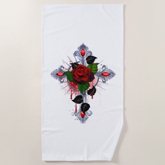 Serviette De Plage Croix d'argent avec une rose rouge (Devant)