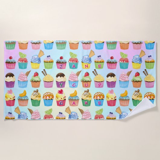 Serviette De Plage Cupcakes Ajoutez Votre Nom Monogramme Muffin Cute (Devant)