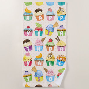 Serviette De Plage Cupcakes Happy Birthday Ajouter Votre Nom Cute Goo