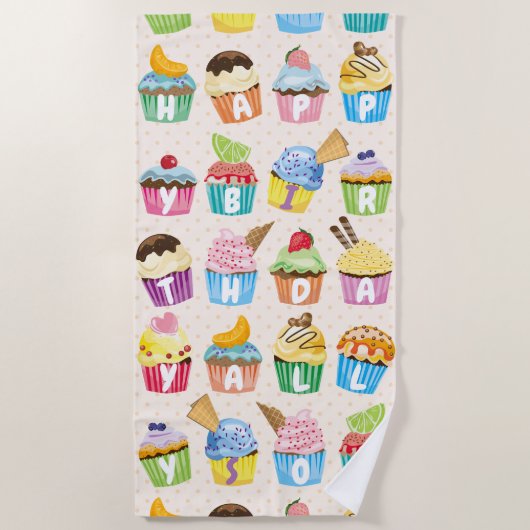 Serviette De Plage Cupcakes Happy Birthday Ajouter Votre Nom Cute Goo (Devant)