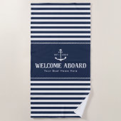 Serviette De Plage Custom Boat Name Striped Blue White Welcome Aboard (Devant)