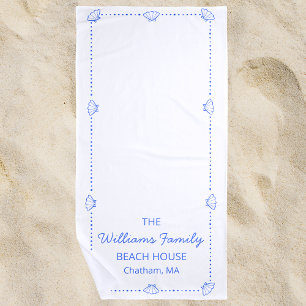Serviette De Plage Custom Family Beach House Coastal Blue Shell Chic