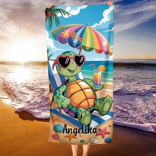 Serviette De Plage Custom Name Relaxing Turtle & Tropical Beach Vibes