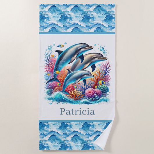 Serviette De Plage Cute Beach dolphin lovers add name (Devant)