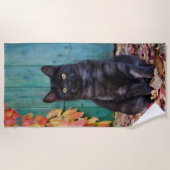 Serviette De Plage Cute chaton noir avec porte bleue Feuille rouge __ (Devant)