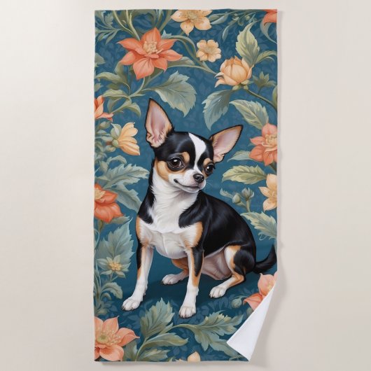 Serviette De Plage Cute Chihuahua William Morris Inspiré Floral (Devant)