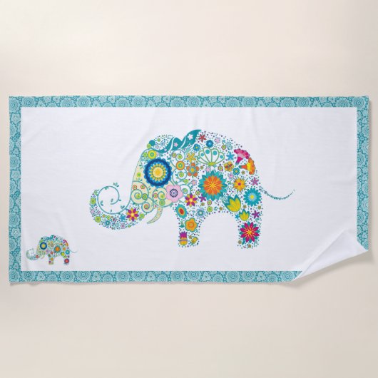 Serviette De Plage Cute Colorful Floral Elephant Illustration (Devant)