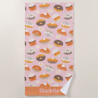 Serviette De Plage Cute cupcakes, tartes et beignets avec nom sur ros