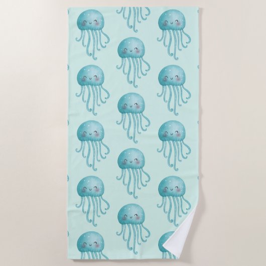 Serviette De Plage Cute et amusante Motif de méduse bleu-vert (Devant)