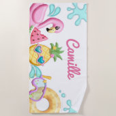 Serviette De Plage Cute Girl Flamant rose tropical Personnalisé (Devant)
