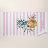 Serviette De Plage Cute Girly Floral Ananas Pink Stripes (Devant)
