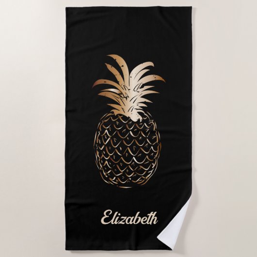 Serviette De Plage Cute Girly Gold et noir ananas - Personnalisé (Devant)