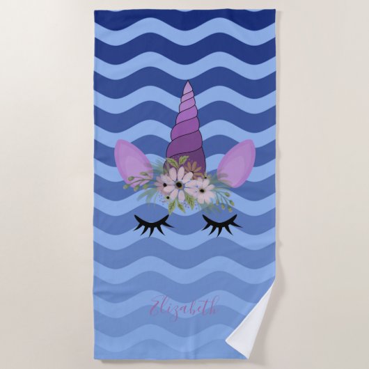 Serviette De Plage Cute Girly Unicorn, Vaves de Navy Blue Ombre (Devant)