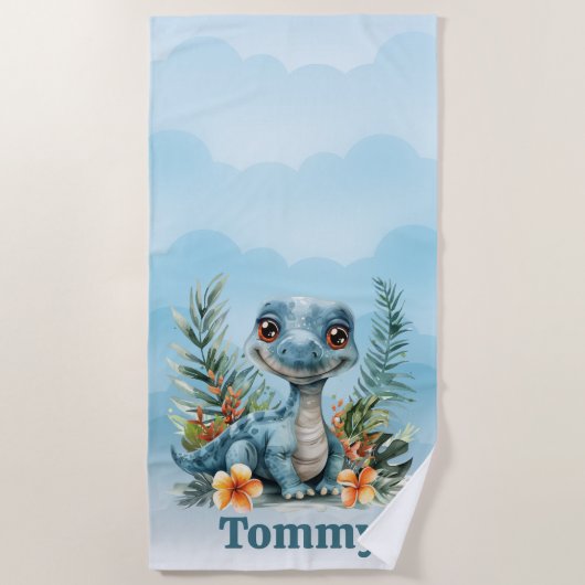 Serviette De Plage Cute Green Dinosaur Cloud Sky Boy (Devant)
