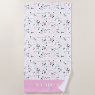 Serviette De Plage Cute Kawaii Panda Rose Grey Coeurs Personnalisé