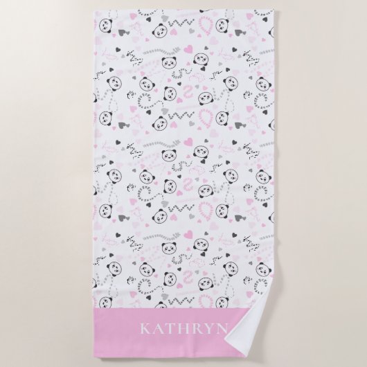 Serviette De Plage Cute Kawaii Panda Rose Grey Coeurs Personnalisé (Devant)