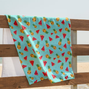Serviette De Plage Cute Kawaii Smiling Ananas & Motif de pastèque